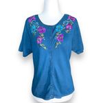 Vintage 90s Embroidered Cardigan Sweater Dark Blue Floral Short Sleeve Knit 10 Photo 3