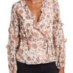 CeCe Cream Tan Fall Floral Leaves Ruffle Long Sleeve Tie Waist Wrap Top size L Photo 0