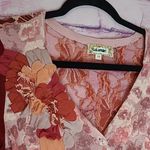 Lulumari  ROSE FLORAL KNIT MIXED MEDIA OPEN LACE BACK CARDIGAN MEDIUM Photo 2