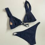 Tory Burch Bikini Swim Suit Two Piece Ruffle Logo Lightly Lined Navy Blue Gold Photo 5