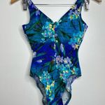 Vintage Mainstream Floral One Piece Swimsuit Size 8 Made in USA Blues Greens Blue Photo 0