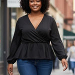 Eloquii Elements Black Faux Wrap Long Ruched Sleeves SZ 26 Office Chic Boho Photo 0