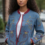 Denim & Co Denim Embroidered Paisley Jacket Trim Collar Boho Artsy Pockets Women Small Photo 0