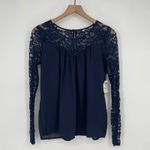 Charlotte Russe Navy Blue Lace Sleeve Gathered Neck Blouse Top Women's Medium Photo 1
