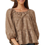 Hayden Women’s Brushed Floral Detailed Puff Sleeve Square Neck Top L Photo 0