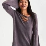 American Eagle  Purple Knit Bell Sleeve Sweater Boho Bohemian Lace Up Fuzzy Fall Photo 1