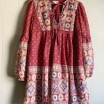 Miami Pleated Boho Tunic Tie Neck Shirt Dress Burgundy S Photo 0