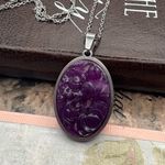 Vintage Purple Rose Pendant Necklace 60s Carved Resin Stainless Chain Photo 2