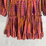 Oliphant Boho Peasant Mini Dress Ruffle Neck Smocked Pink Geometric Tassel XS Purple Photo 6