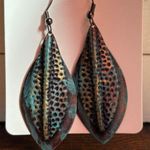 Artistic Earrings Featuring A Turquoise & Brown Leaf Design. Blue Photo 3