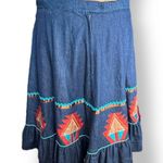 Vintage Handmade Southwest Denim Skirt Tiered Ruffle Hem Abstract Art Appliqué Blue Size L Photo 8