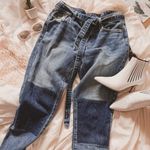 Lucky Brand Alliance Blue Patchwork Knee Belted Sienna Slim Boyfriend Jeans Sz 4 Photo 1