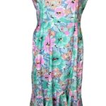 Vintage Avon Teal Pink Floral V Back Midi Dress With Mermaid Ruffle Bottom Hem Size 8 Photo 2