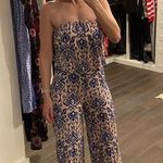 Love Culture  Blue Cream Damask Print Strapless Blouson Wide Leg Jumpsuit Medium Photo 0