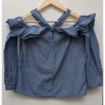 J.Crew  Women's Top Off The Shoulder Tie Neck Top Boxy 3/4 Sleeve Blue Size 4 Photo 2