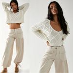 Free People  Size XL Traveler Cable Knit Pullover V Neck Sweater Creme Neutral Photo 5