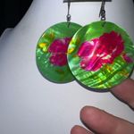 Vintage Hand Painted Large Shell Disc Earrings Pink Photo 5