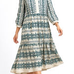 Figueroa & Flower Boho Cottagecore Tiered Midi Dress L — Cream & Teal Split Neck White Size L Photo 0