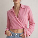 ZARA  Pink Linen Wrap Crop Top Blouse Tie Waist Long Sleeve Women’s Size L Photo 0