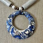 Vintage Blue & White Ceramic Bead Necklace with Donut Pendant Photo 1