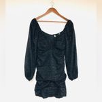 ASTR ‎  Black Low Cut Long Sleeve Mini Dress Fringe Shiny Metallic Ruched Small Photo 1