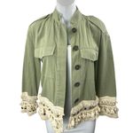 ZARA  Green Crochet Fringe Trim Button Front Pockets Long Sleeve Jacket Size XS Photo 0