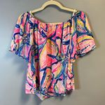 Lilly Pulitzer  Top Off The Shoulder Sain Blouse in Pink Sunset Sunny Side S EUC Photo 5