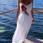 Say What? Say What? White Gauze Embroidered Floral Summer Open Back Cami Maxi Dress Size S Photo 0