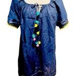 J.Crew Embroidered Linen Blend Cover Up Tunic with Pom Poms, Navy Blue Size M Photo 2