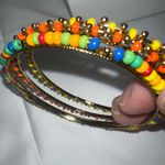 Boho Gold Tone and Colorful Bead Set‎ of Three Bangle Bracelets Orange Photo 4