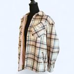 Cream and pink sage plaid flannel fleece lined jacket Size Medium Tan Photo 5