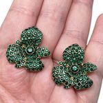 Vintage Unsigned Gold Tone & Green Rhinestones Flower Clover Post Earrings Retro Photo 0