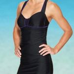 Athleta NWT Women Black & Purple Sara Swim Dress Ruched Overlay Size 34 B/C Tall Photo 0