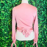 Women's Elegant V Neck Self Tie Knot Long Sleeve Satin Blouse Shirt Top Pink L Size L Photo 2