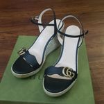 Gucci Aitana Black Leather GG Marmont Wedge Espadrille Sandals Size 40.5 Photo 3