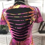 Vintage Y2K cut out back dress newsprint tropical flower hot pink bodycon SZ M Size M Photo 3