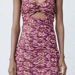 ZARA  Purple‎ Printed Ruched Draped Mini Dress w/ Cut Out Accents - M NWT Photo 0