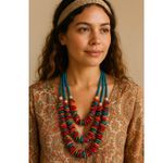 Vintage 3 strand painted stone beaded necklace, boho festival hippie Blue Photo 0