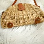 Crossbody Woven Basket Half Moon Circle Oval Bag Long Strap Snap Closure Purse Tan Photo 3