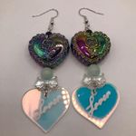 Handmade Beaded Oil Slick Rose Heart Earrings with Iridescent Lover Heart Charms White Photo 1