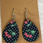 Handmade Cherries, Polka Dots, Black Teardrop Dangle Pierced Earrings Photo 0