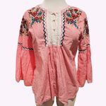 ZARA Blouse Embroidered Bell Sleeve Stripe Beaded Crochet Red Size L Photo 1