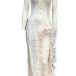 Jovani  Strapless Feather Trimmed High Slit Prom Pageant Gown Cream Size 0 NWT Photo 3
