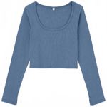 Uniqlo GU Washed Ribbed Cropped Long Sleeve T-Shirt Blue XS Photo 3