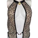 Sexy animal print bodysuit lingerie womens medium mesh, red jewel, bell chocker, Black Photo 0