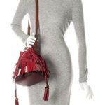 Burberry  Belgrove Red Fringe Suede‎ Leather Nova Check Bucket Bag Crossbody Photo 0