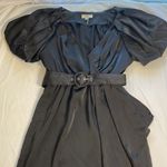 Entro Black Satin Bubble Puff Sleeves Faux Wrap Dress High Low Hem Belt‎ Midi S Photo 11