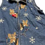 Carolina Blues Denim Christmas Vest Women’s Reindeer Embroidered Zip Up Large Blue Photo 1