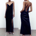 ZARA  Bloggers Fav Backless Navy Blue Velvet Lingerie-Style Open Leg Dress Size M Photo 1