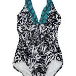 Coastal Blue Flowering Fern Black White Tummy Control One Piece Swimsuit Size XS Photo 0